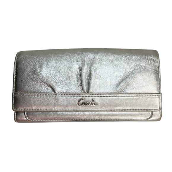 Coach Pleated Silver Metallic Leather Full Size Trifold Checkbook Wallet - Picture 1 of 6